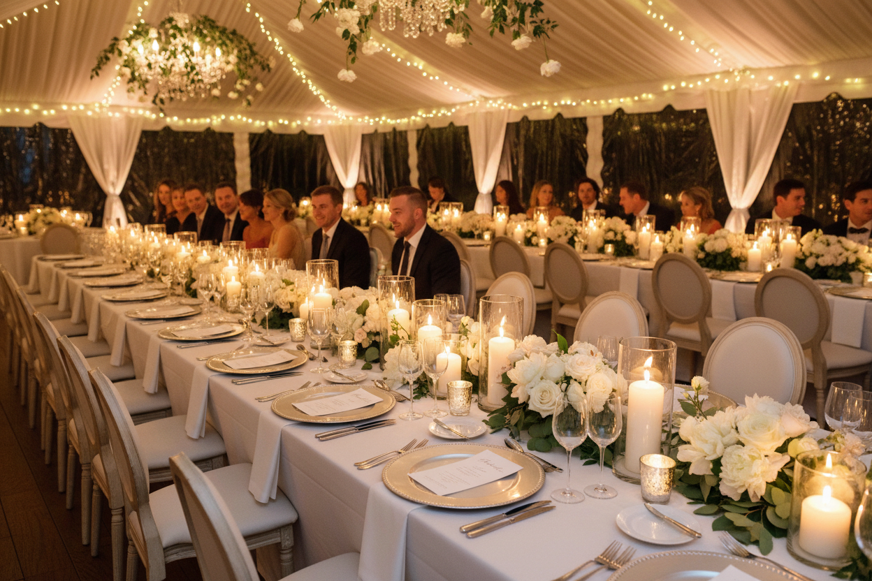 wedding reception with candles on the table